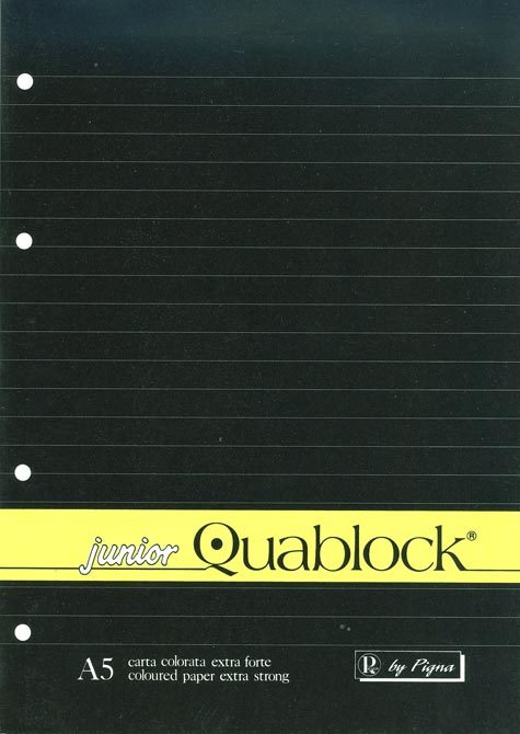 gbc Junior Quablock, blocco collato al lato + 4 fori, formato A5, 60 fogli da 70grammi righe da 8mm, carta gialla, copertina plastificata e sottoblocco in cartone rigido.
