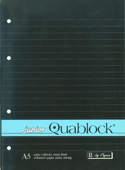 gbc Junior Quablock, blocco collato al lato + 4 fori, formato A5, 60 fogli da 70grammi righe da 8mm, carta azzurra, copertina plastificata e sottoblocco in cartone rigido.