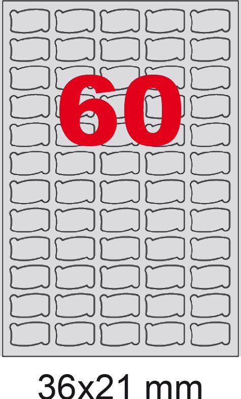 wereinaristea EtichetteAutoadesive POLIESTERECartaARGENTO, 36x21sagomate (21x36mm) ARGENTO, adesivo PERMANENTE, per ink-jet, su foglio A4 (210x297mm).