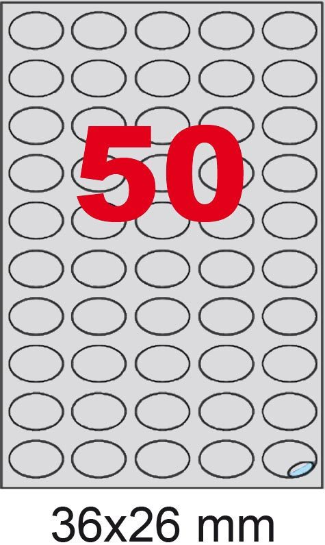 wereinaristea EtichetteAutoadesive POLIESTERECartaARGENTO, 36x26ovali (26x36mm) ARGENTO, adesivo PERMANENTE, per ink-jet, su foglio A4 (210x297mm).