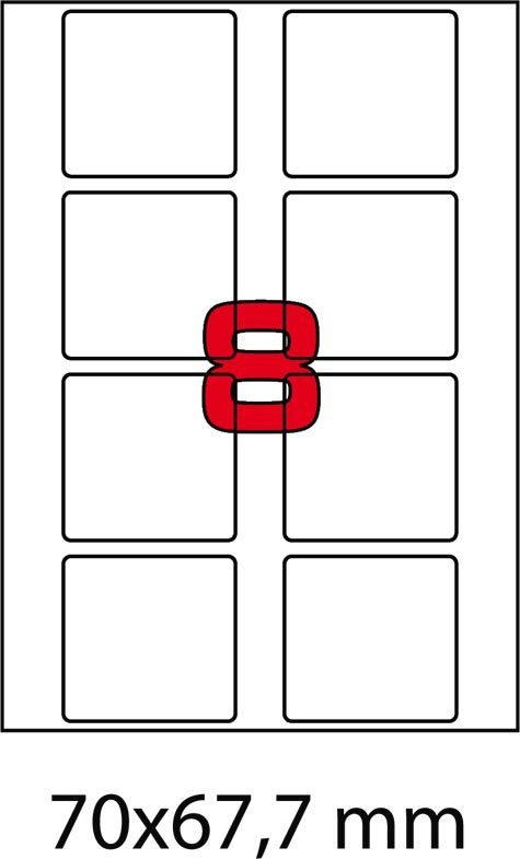 wereinaristea EtichetteAutoadesive, COPRENTE, 70x67,7(67,7x70mm) Carta BIANCO, adesivo RIMOVIBILE, angoli arrotondati, per ink-jet, laser e fotocopiatrici, su foglio A4 (210x297mm).