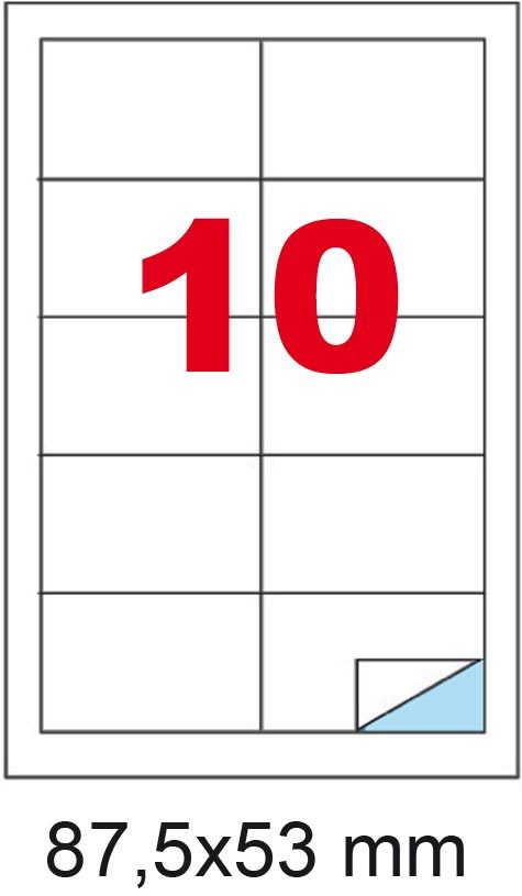 wereinaristea EtichetteAutoadesive, COPRENTE, 87,5x53(53x87,5mm) Carta BIANCO, adesivo Permanente, angoli a spigolo, per ink-jet, laser e fotocopiatrici, su foglio A4 (210x297mm).