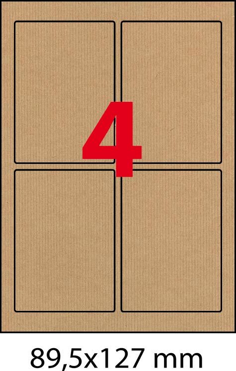 wereinaristea EtichetteAutoadesive, CartaMillerigheKraft, 89,5x127mm, AVANArigata (127x89,5mm), adesivo PERMANENTE, angoli arrotondati, per ink-jet, laser e fotocopiatrici, con bordino di sicurezza, ideali per donare un aspetto naturale ed ecologico alle proprie etichette, su foglio A4 (210x297mm).