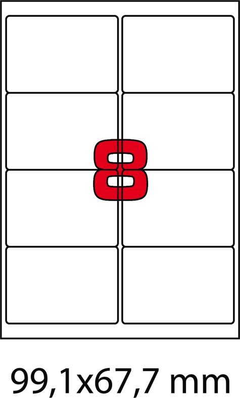 carta Etichette autoadesive in poliestere TRASPARENTE, 67,7x99,1mm 65 etichette per foglio, adesivo permanente, angoli arrotondati, per stampanti Ink-Jet, Laser e fotocopiatrici.