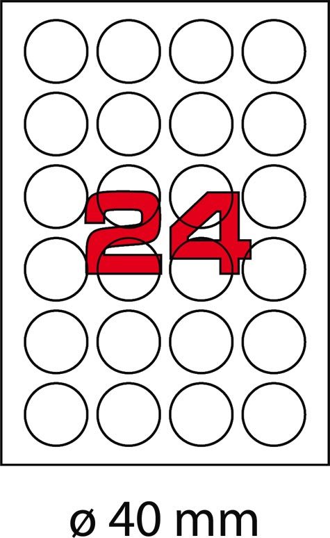 wereinaristea EtichetteAutoadesive, PoliestereBiancoLucido, diametro40mm BIANCO LUCIDO, adesivo PERMANENTE, ad alta risoluzione per ink-jet, su foglio A4 (210x297mm).
