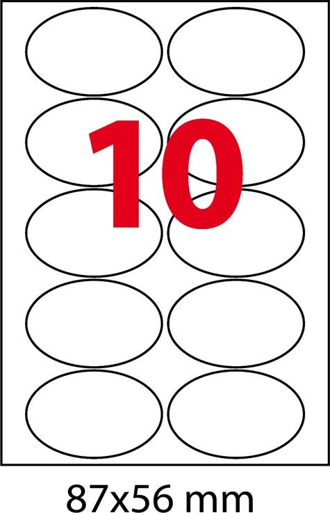 wereinaristea EtichetteAutoadesive, ovali, 87x56(56x87mm) Carta BIANCO, in carta COPRENTE, adesivo Permanente, per ink-jet, laser e fotocopiatrici, su foglio A4 (210x297mm).
