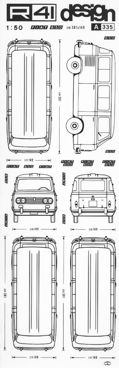 Fiat 850, NERO. Trasferelli-Trasferibili R41 in fogli 9x25cm. p. 350 R41GRA335n - immagine aggiuntiva