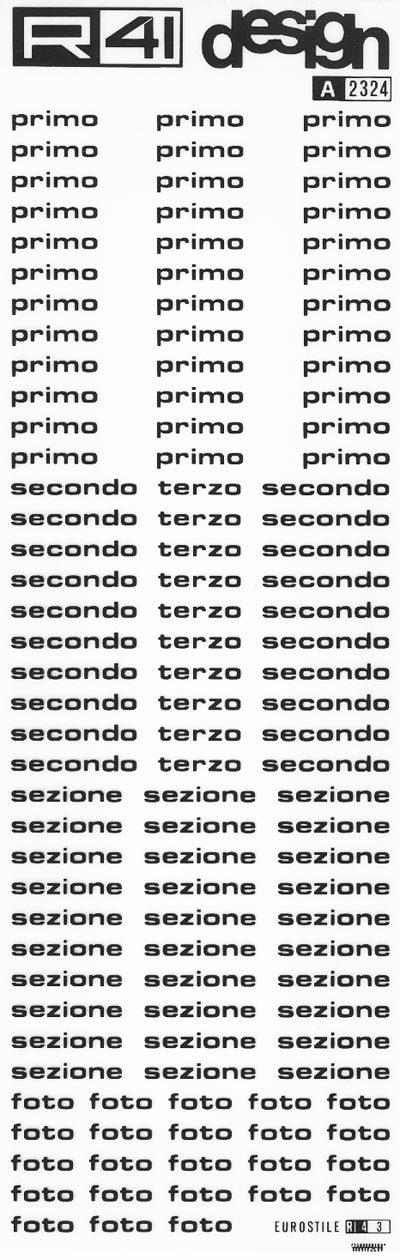 trasferibilir41 Nomenclatura edile, NERO. Trasferelli-Trasferibili R41 in fogli 9x25cm. p. 307 .