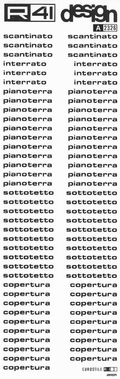 trasferibilir41 Nomenclatura edile, NERO. Trasferelli-Trasferibili R41 in fogli 9x25cm. p. 307 .