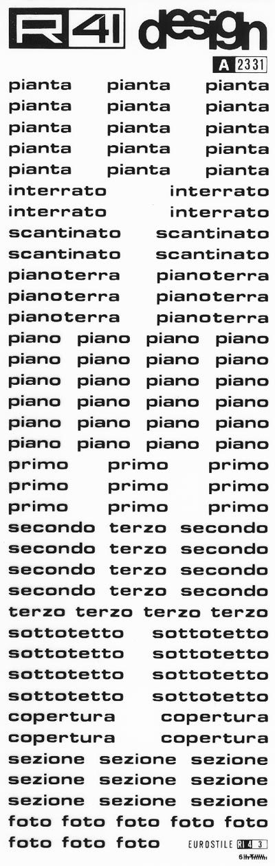 trasferibilir41 Nomenclatura edile, NERO. Trasferelli-Trasferibili R41 in fogli 9x25cm. p. 307 .