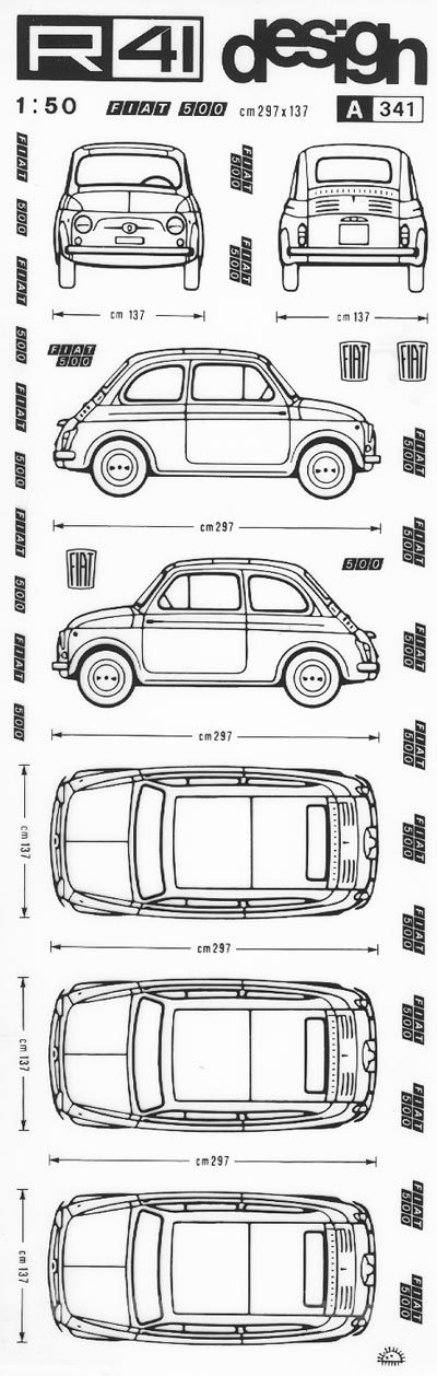 trasferibilir41 Fiat 500, NERO. Trasferelli-Trasferibili R41 in fogli 9x25cm. p. 344 .