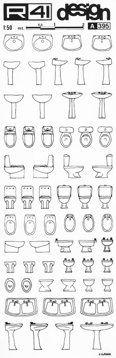 trasferibilir41 Sanitari 1:50, NERO. Trasferelli-Trasferibili R41 in fogli 9x25cm. p. 332 .