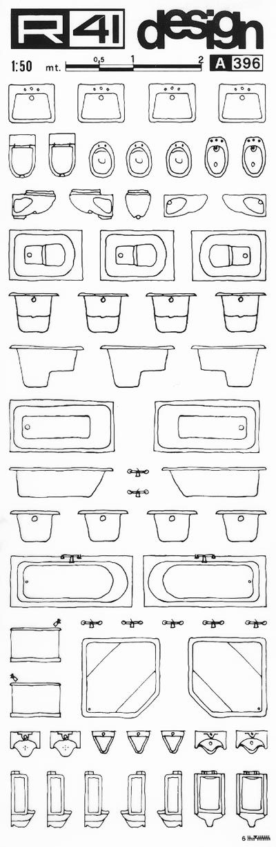 trasferibilir41 Sanitari 1:50, NERO. Trasferelli-Trasferibili R41 in fogli 9x25cm. p. 332 .