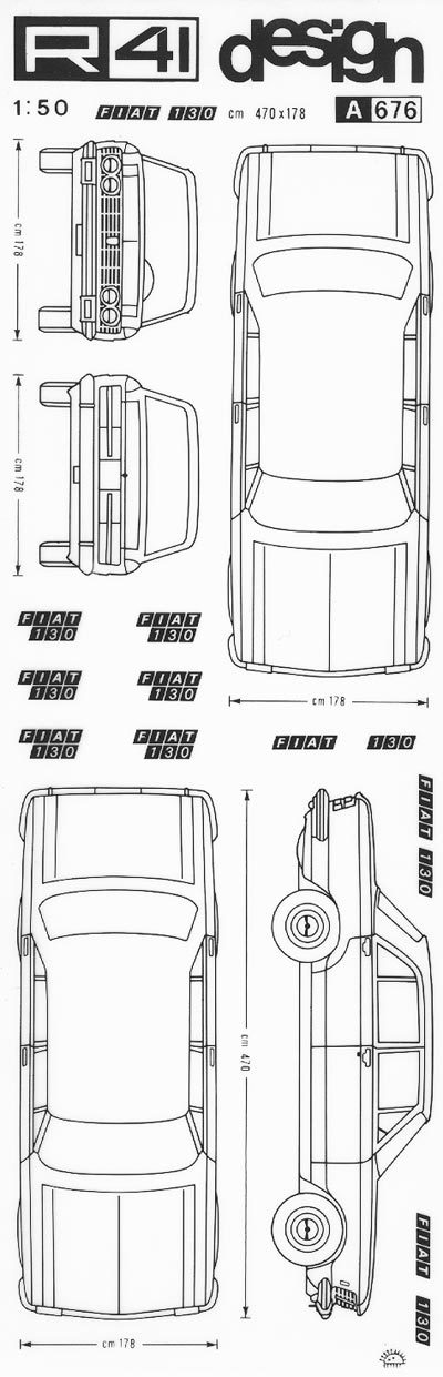 trasferibilir41 Fiat 130, NERO. Trasferelli-Trasferibili R41 in fogli 9x25cm. p. 345 .