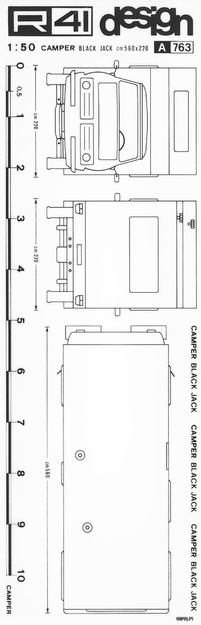 trasferibilir41 Camper Black Jack, NERO. Trasferelli-Trasferibili R41 in fogli 9x25cm. p. 350 .