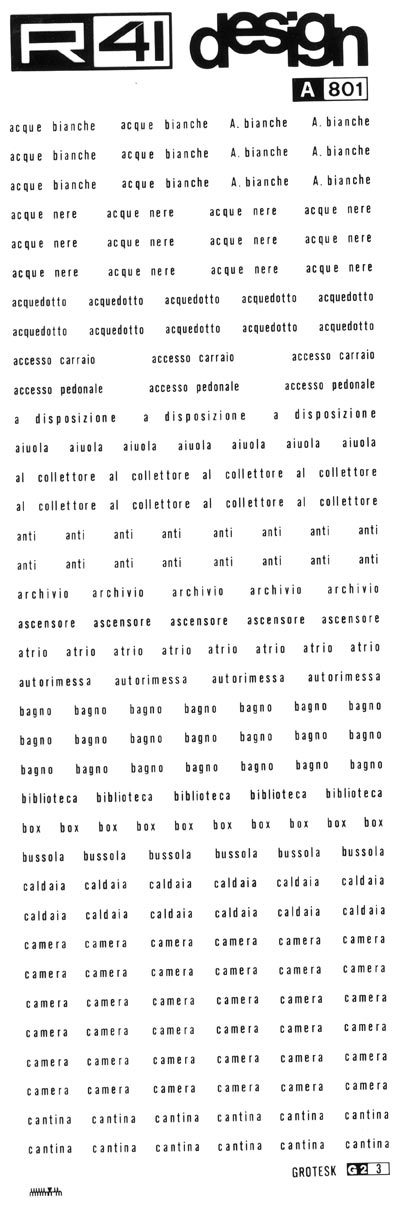 trasferibilir41 Nomenclatura edile, NERO. Trasferelli-Trasferibili R41 in fogli 9x25cm. p. 306 .