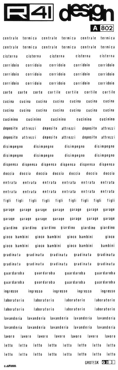 trasferibilir41 Nomenclatura edile, NERO. Trasferelli-Trasferibili R41 in fogli 9x25cm. p. 306 .