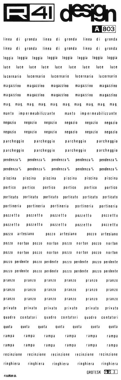 trasferibilir41 Nomenclatura edile, NERO. Trasferelli-Trasferibili R41 in fogli 9x25cm. p. 306 .