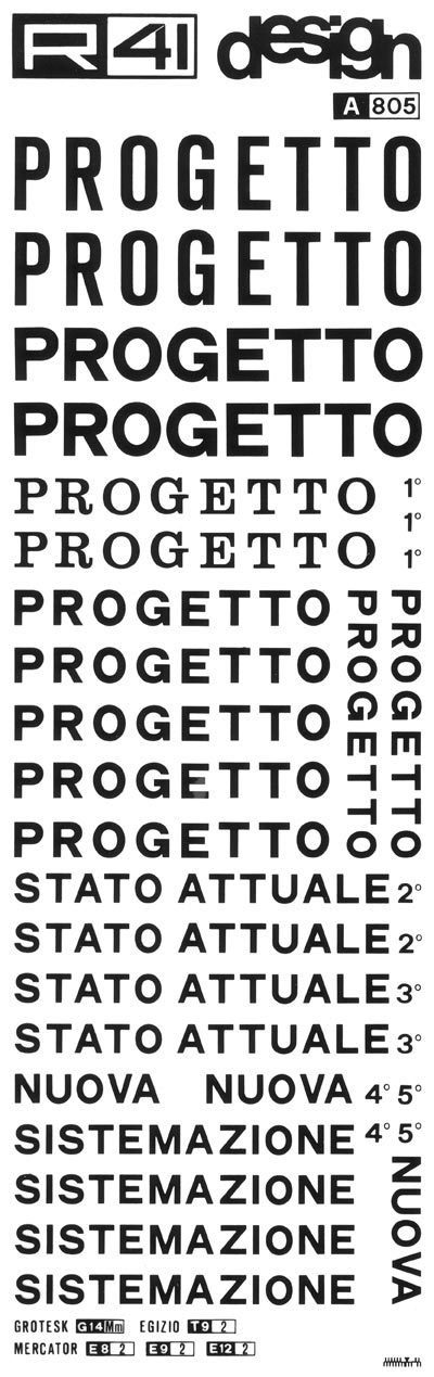 trasferibilir41 Nomenclatura edile, NERO. Trasferelli-Trasferibili R41 in fogli 9x25cm. p. 307 .