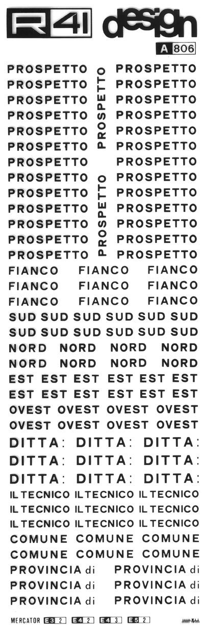 trasferibilir41 Nomenclatura edile, NERO. Trasferelli-Trasferibili R41 in fogli 9x25cm. p. 307 .