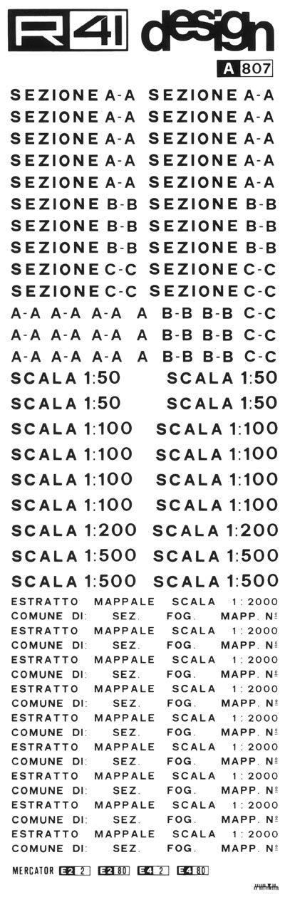 trasferibilir41 Nomenclatura edile, NERO. Trasferelli-Trasferibili R41 in fogli 9x25cm. p. 307 .