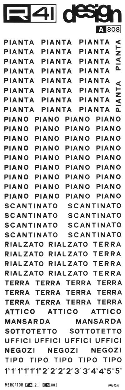 trasferibilir41 Nomenclatura edile, NERO. Trasferelli-Trasferibili R41 in fogli 9x25cm. p. 307 .