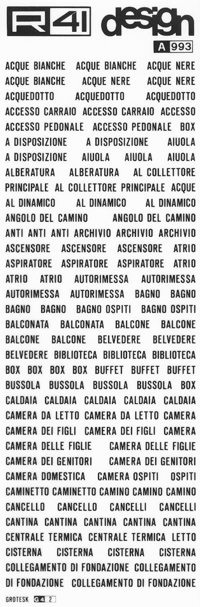 trasferibilir41 Nomenclatura edile, NERO. Trasferelli-Trasferibili R41 in fogli 9x25cm. p. 306 .