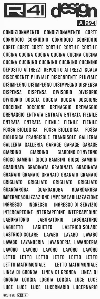 trasferibilir41 Nomenclatura edile, NERO. Trasferelli-Trasferibili R41 in fogli 9x25cm. p. 306 .