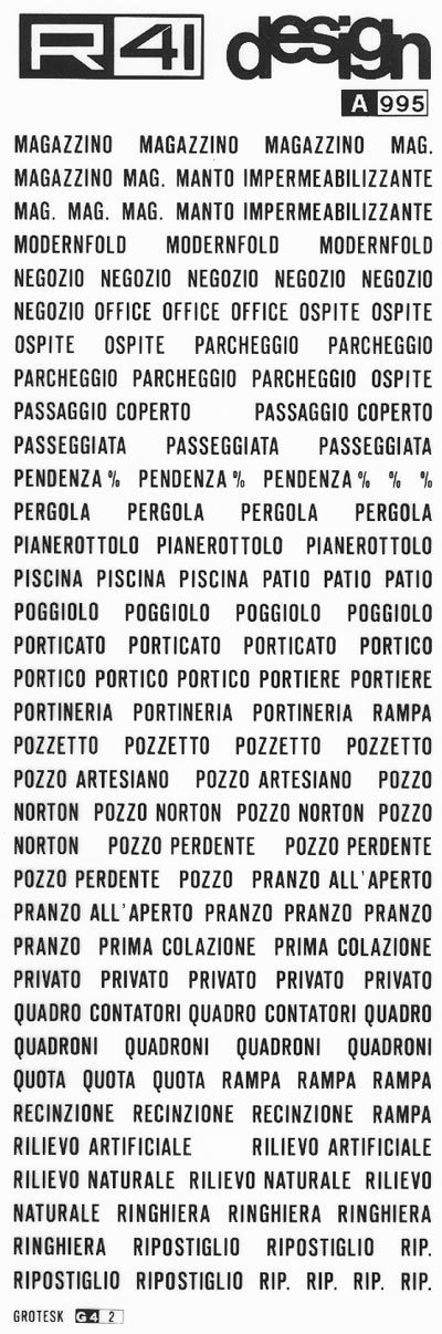 trasferibilir41 Nomenclatura edile, NERO. Trasferelli-Trasferibili R41 in fogli 9x25cm. p. 307 .