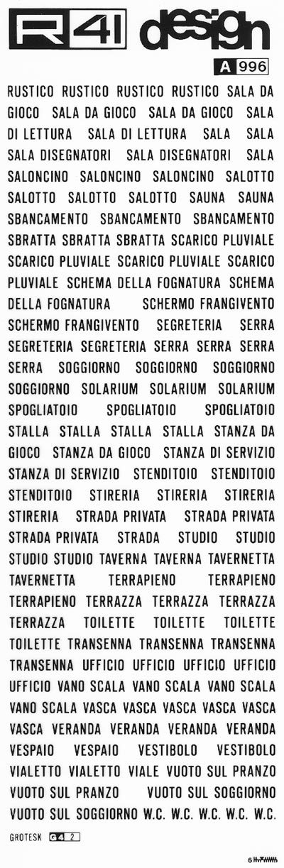 trasferibilir41 Nomenclatura edile, NERO. Trasferelli-Trasferibili R41 in fogli 9x25cm. p. 307 .