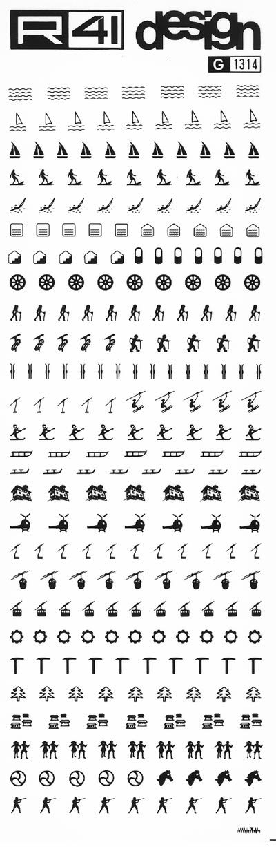 trasferibilir41 Simboli turistici, NERO. Trasferelli-Trasferibili R41 in fogli 9x25cm. p. 229 .