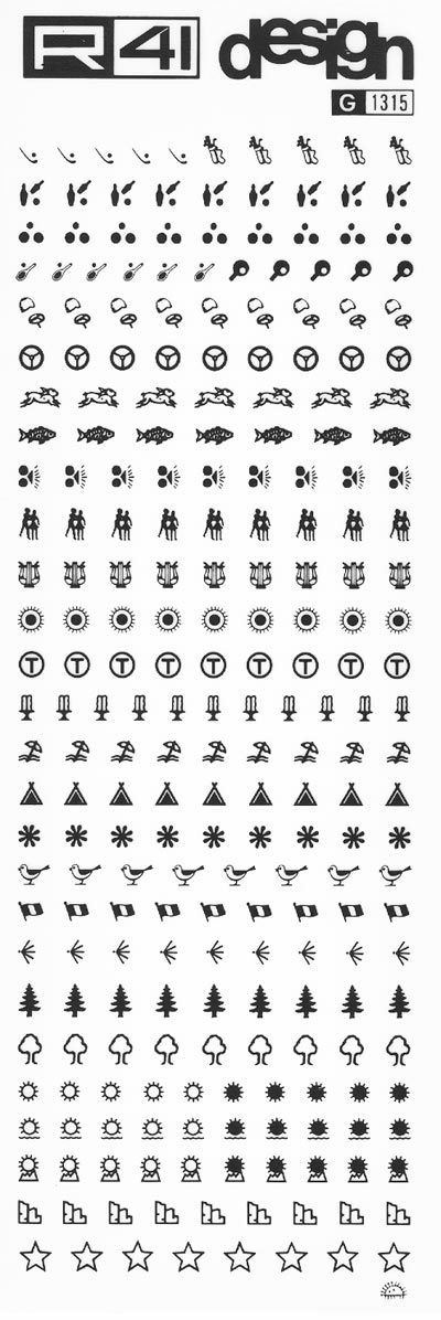 trasferibilir41 Simboli turistici, NERO. Trasferelli-Trasferibili R41 in fogli 9x25cm. p. 229 .