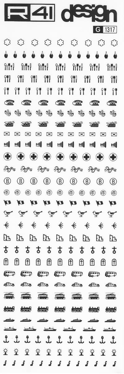 trasferibilir41 Simboli turistici, NERO. Trasferelli-Trasferibili R41 in fogli 9x25cm. p. 229 .