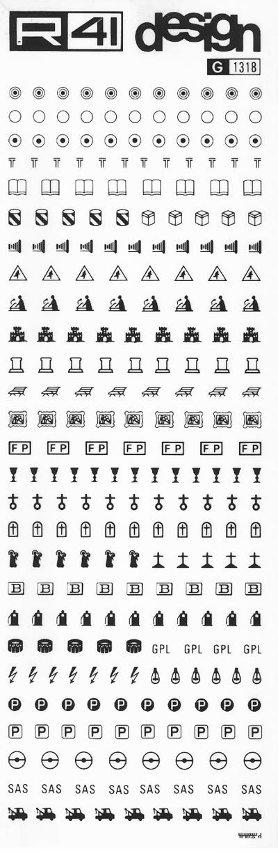 trasferibilir41 Simboli turistici, NERO. Trasferelli-Trasferibili R41 in fogli 9x25cm. p. 229 .