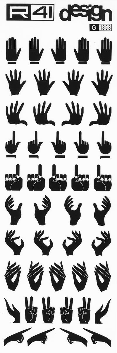 trasferibilir41 Mani, Indici, NERO. Trasferelli-Trasferibili R41 in fogli 9x25cm. p. 223 .