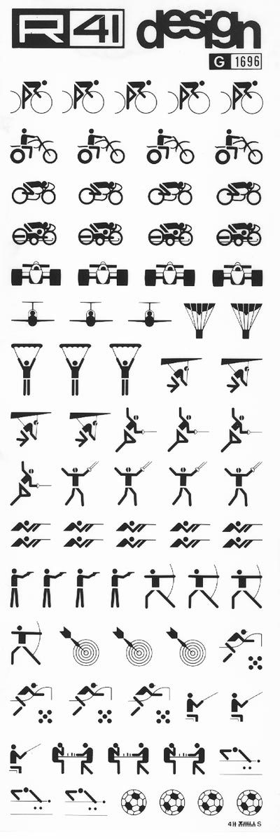 trasferibilir41 Simboli sportivi, NERO. Trasferelli-Trasferibili R41 in fogli 9x25cm. p. 232 .