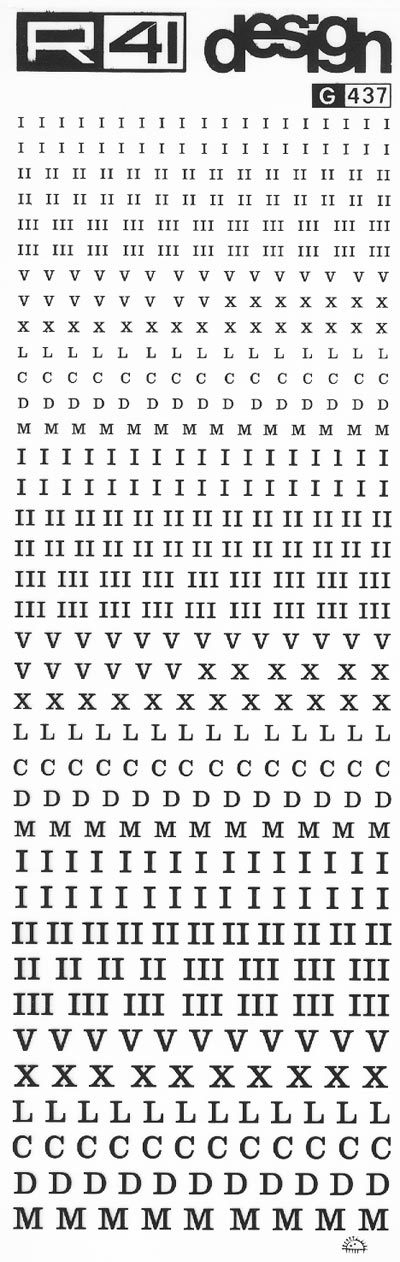 trasferibilir41 Numeri romani, NERO. Trasferelli-Trasferibili R41 in fogli 9x25cm. p. 218 Altezza caratteri da 2 a 5 mm.