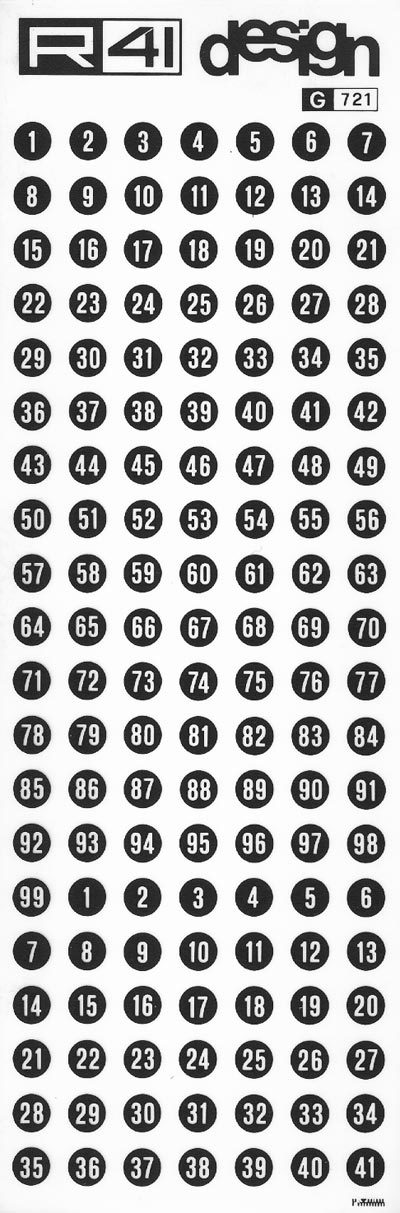 trasferibilir41 Numeri per richiami, NERO. Trasferelli-Trasferibili R41 in fogli 9x25cm. p. 245 .