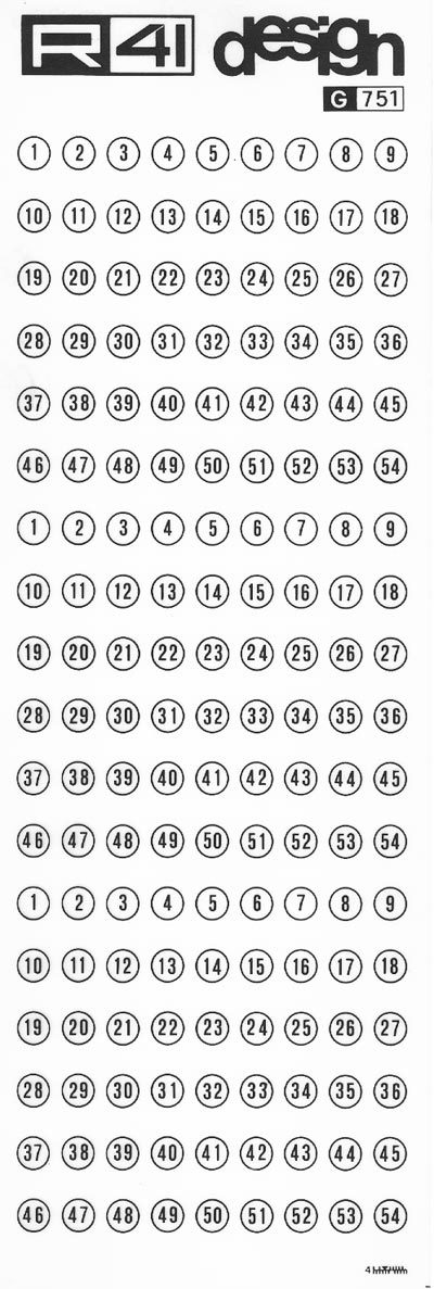 trasferibilir41 Numeri per richiami, NERO. Trasferelli-Trasferibili R41 in fogli 9x25cm. p. 244 .