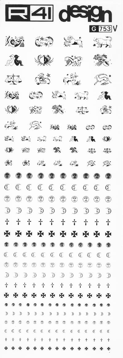 trasferibilir41 Zodiacali, NERO. Trasferelli-Trasferibili R41 in fogli 9x25cm. p. 218 .