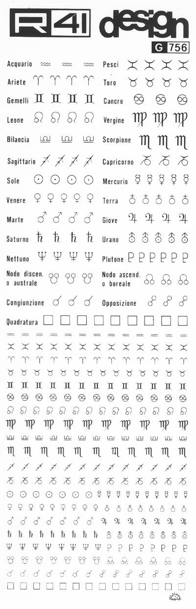 trasferibilir41 Zodiacali, NERO. Trasferelli-Trasferibili R41 in fogli 9x25cm. p. 218 .