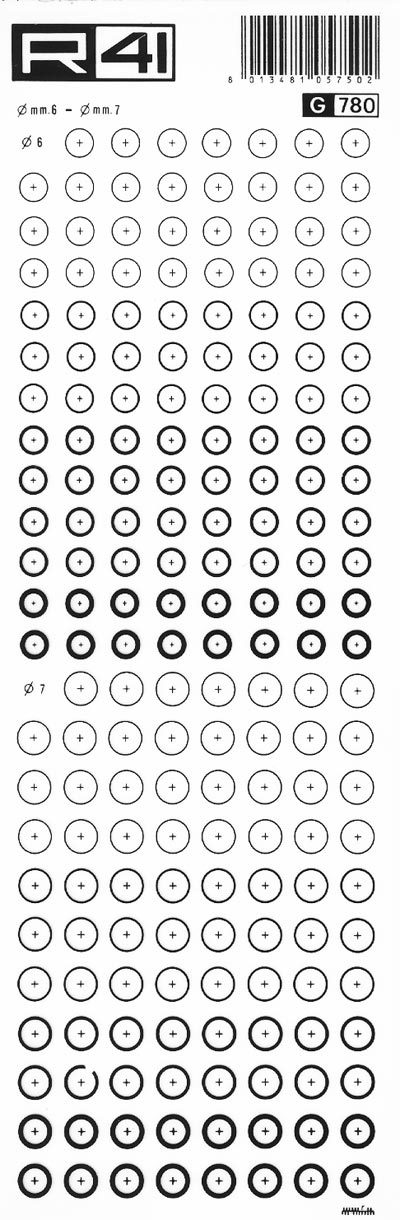 trasferibilir41 diametro 6mm, 7mm, NERO. Trasferelli-Trasferibili R41 in fogli 9x25cm. p. 214 Il balaustrino � un compasso di precisione per tracciare circonferenze di raggio molto piccolo.