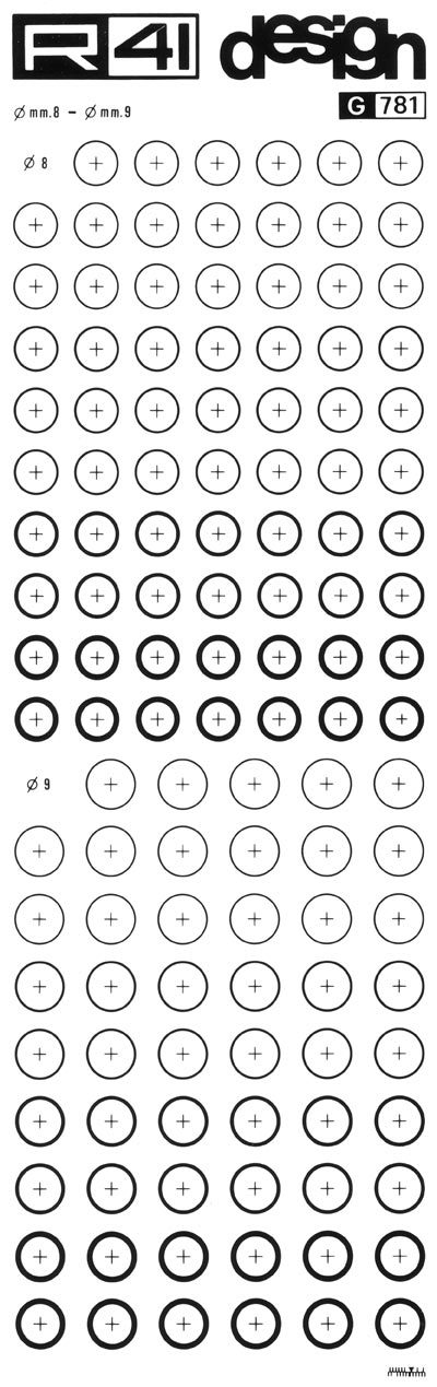 trasferibilir41 diametro 8mm, 9mm, NERO. Trasferelli-Trasferibili R41 in fogli 9x25cm. p. 214 Il balaustrino � un compasso di precisione per tracciare circonferenze di raggio molto piccolo.