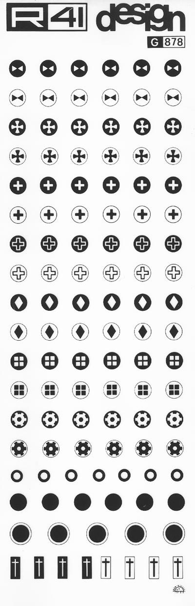 trasferibilir41 Tondi, Rettangolari, NERO. Trasferelli-Trasferibili R41 in fogli 9x25cm. p. 217 .