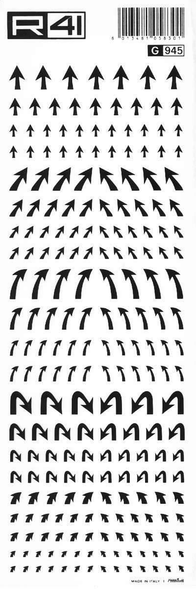 trasferibilir41 Frecce, NERO. Trasferelli-Trasferibili R41 in fogli 9x25cm. p. 240 .