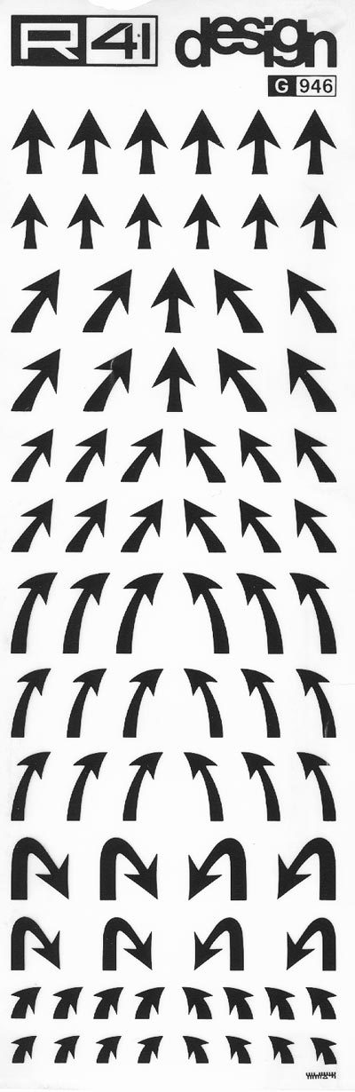 trasferibilir41 Frecce, NERO. Trasferelli-Trasferibili R41 in fogli 9x25cm. p. 240 .