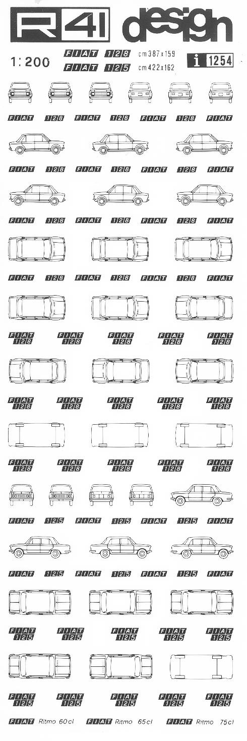trasferibilir41 Fiat 128, Fiat 125, NERO. Trasferelli-Trasferibili R41 in fogli 9x25cm .
