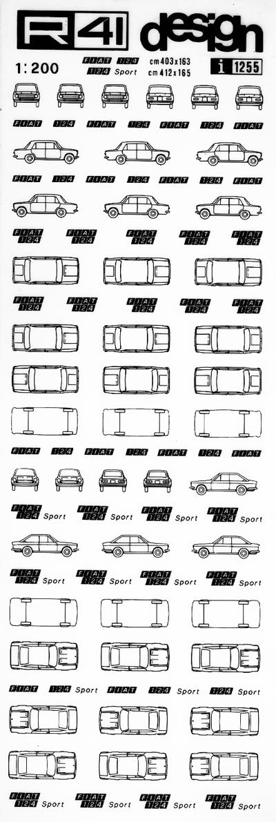 trasferibilir41 Fiat 124, 124Sport, NERO. Trasferelli-Trasferibili R41 in fogli 9x25cm. p. 621 .