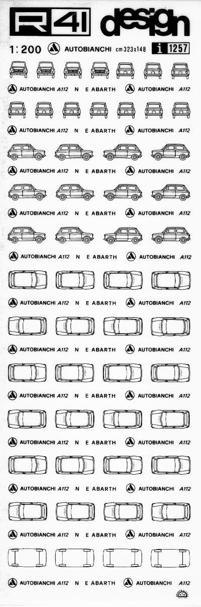 trasferibilir41 Autobianchi A112, NERO. Trasferelli-Trasferibili R41 in fogli 9x25cm. p. 621 .