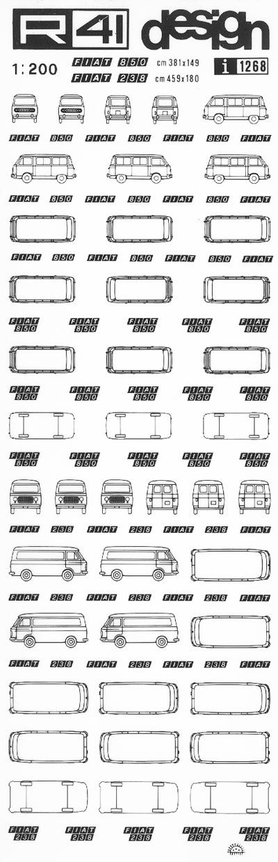trasferibilir41 Fiat 850, Fiat 238, NERO. Trasferelli-Trasferibili R41 in fogli 9x25cm .
